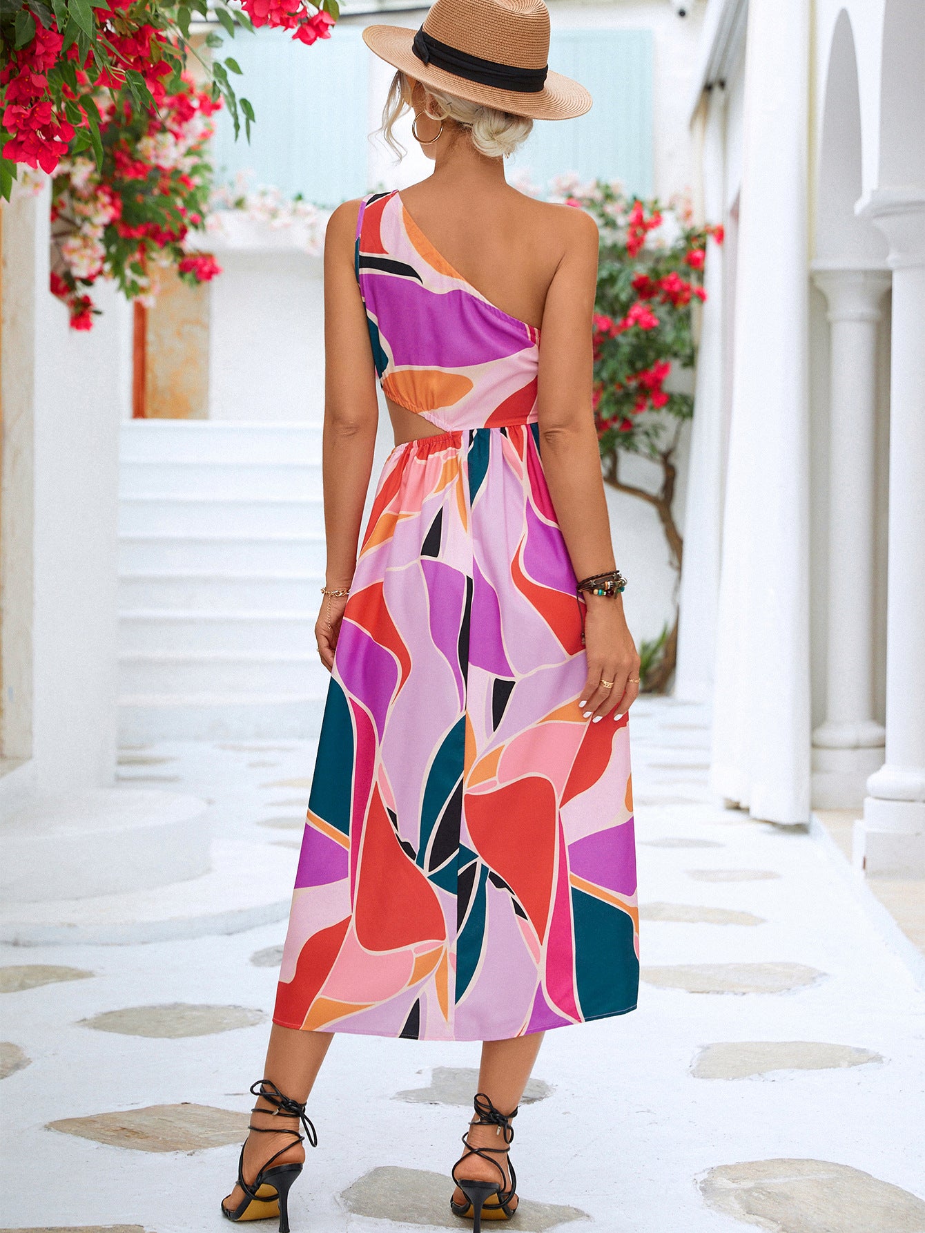 Printed Cutout One-Shoulder Sleeveless Dress - Luminous Bear Shop