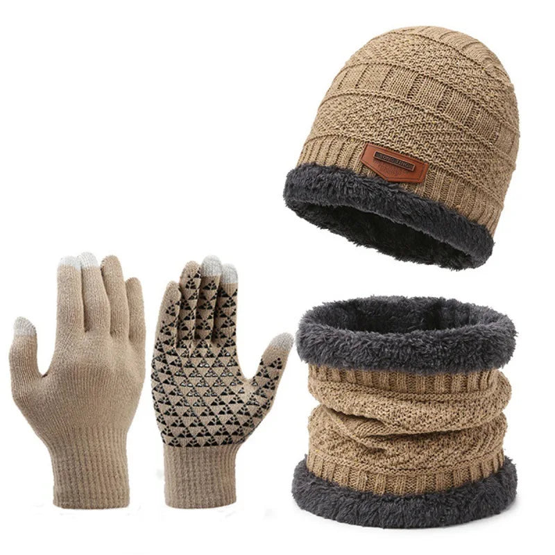 Winter Set Hat Scarves Touch Screen Gloves 3pcs Warm Men Women Fashion Thickening Plus Wool Neck Protect Cap Outdoor Riding
