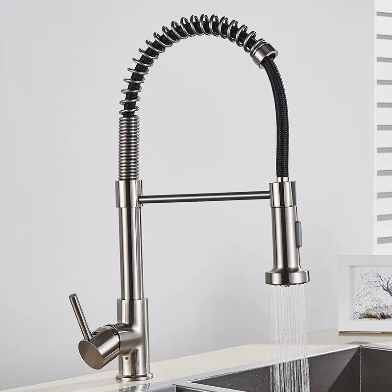 π° Pull-Down Kitchen Faucet β Matte Black Brass Spring Faucet with Dual Mode Nozzle | Hot & Cold Mixer Tap for Single-Hole Sink Installation