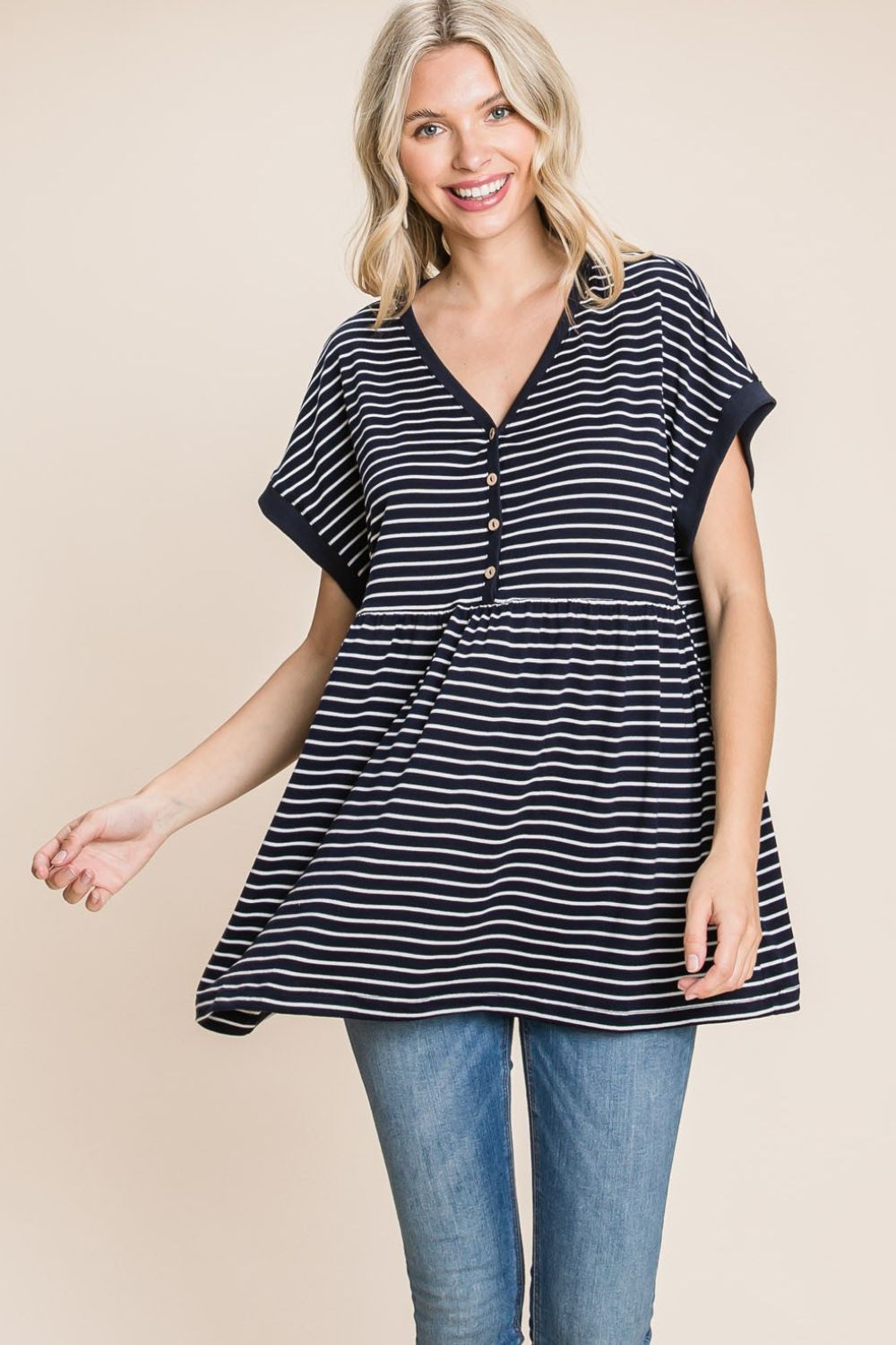 Cotton Bleu by Nu Label Striped Button Front Baby Doll Top - Luminous Bear Shop