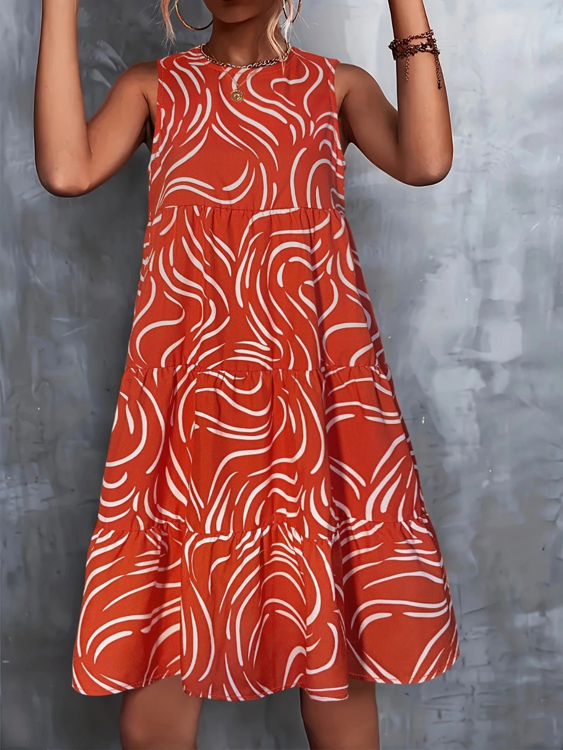 Printed Round Neck Sleeveless Dress - Luminous Bear