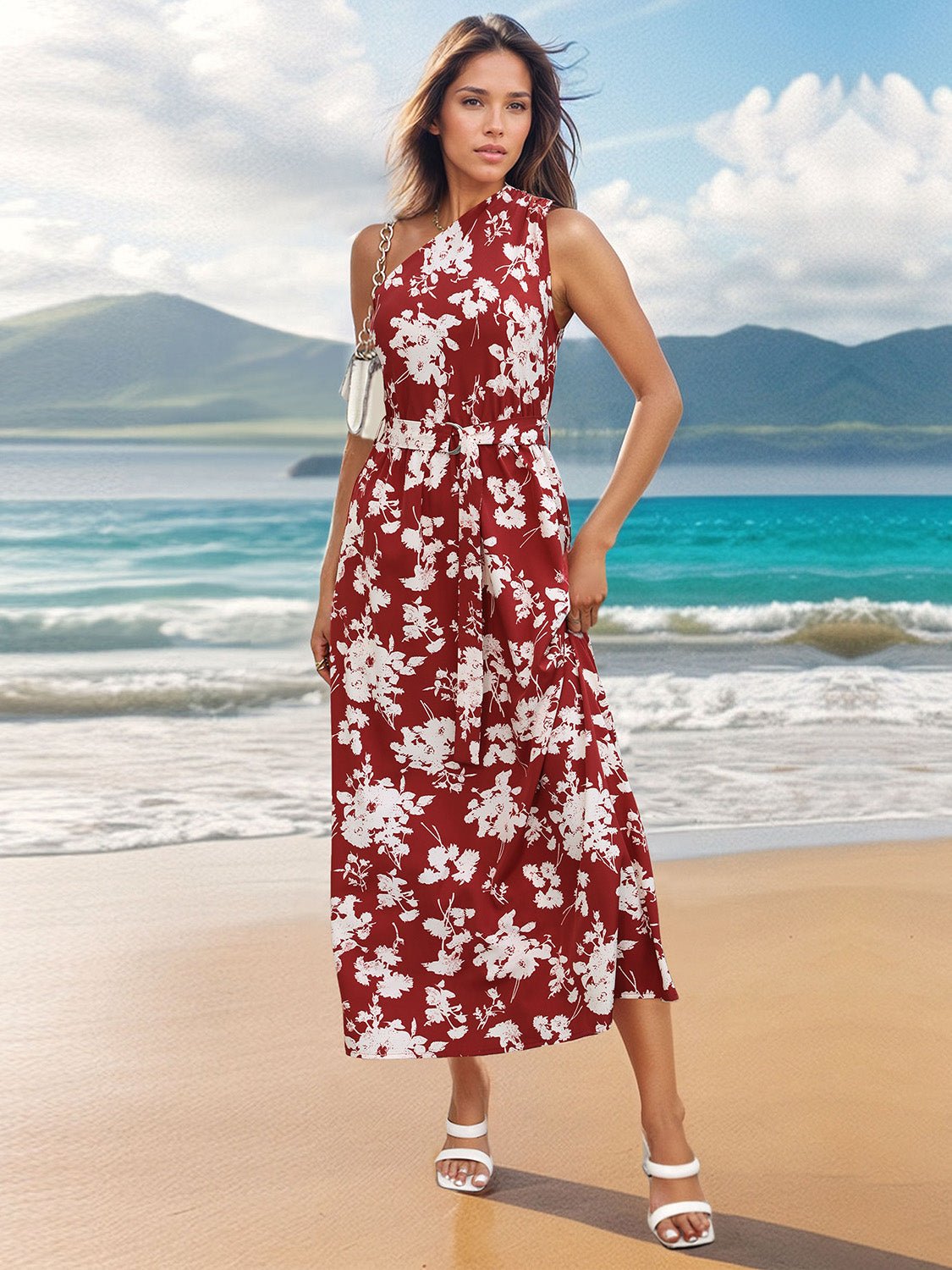 Printed Single Shoulder Sleeveless Dress - Luminous Bear