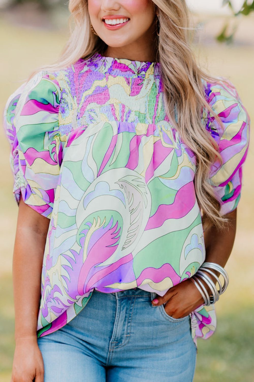 Smocked Round Neck Short Sleeve Blouse - Luminous Bear