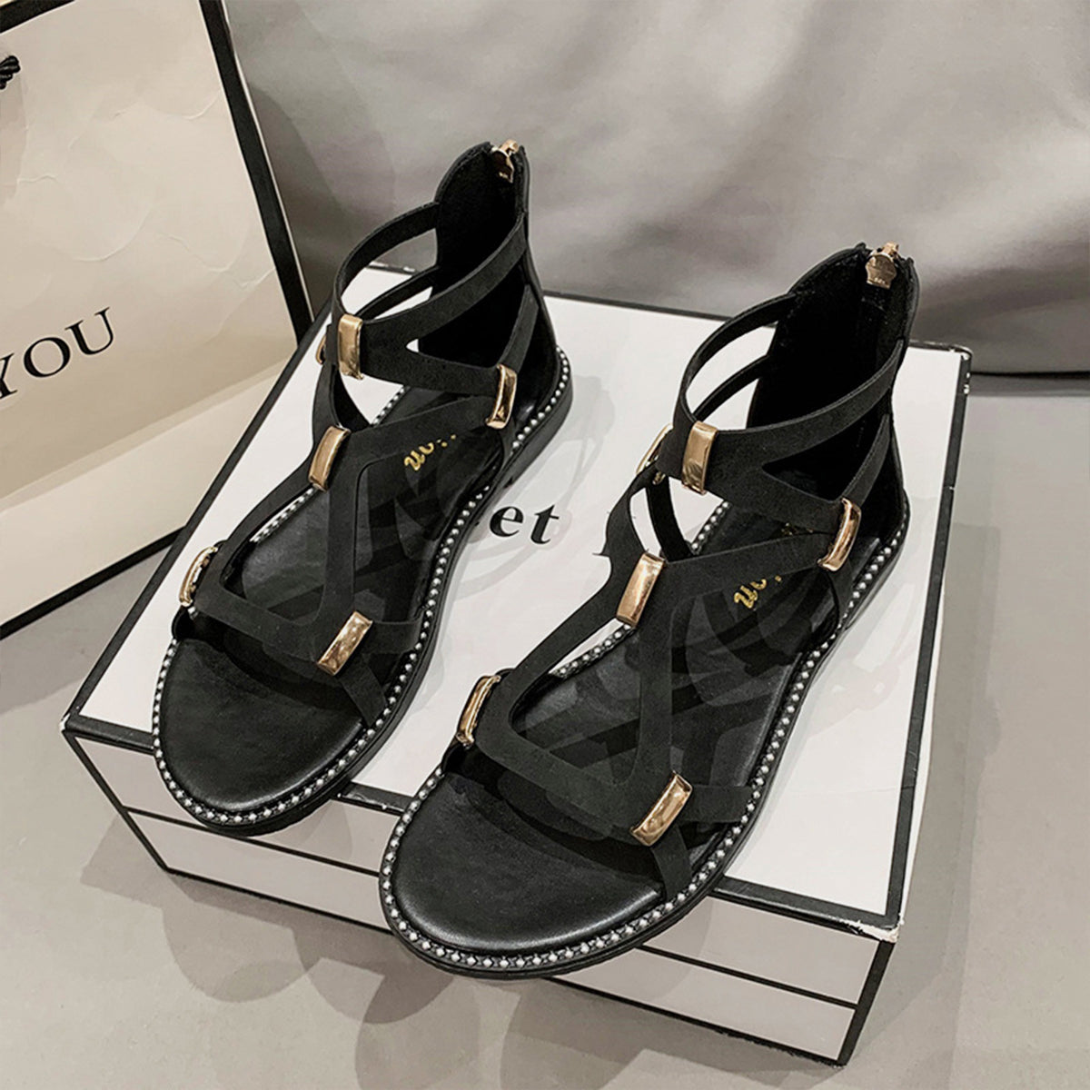 Open Toe Back Zipper Flat Sandals - Luminous Bear Shop