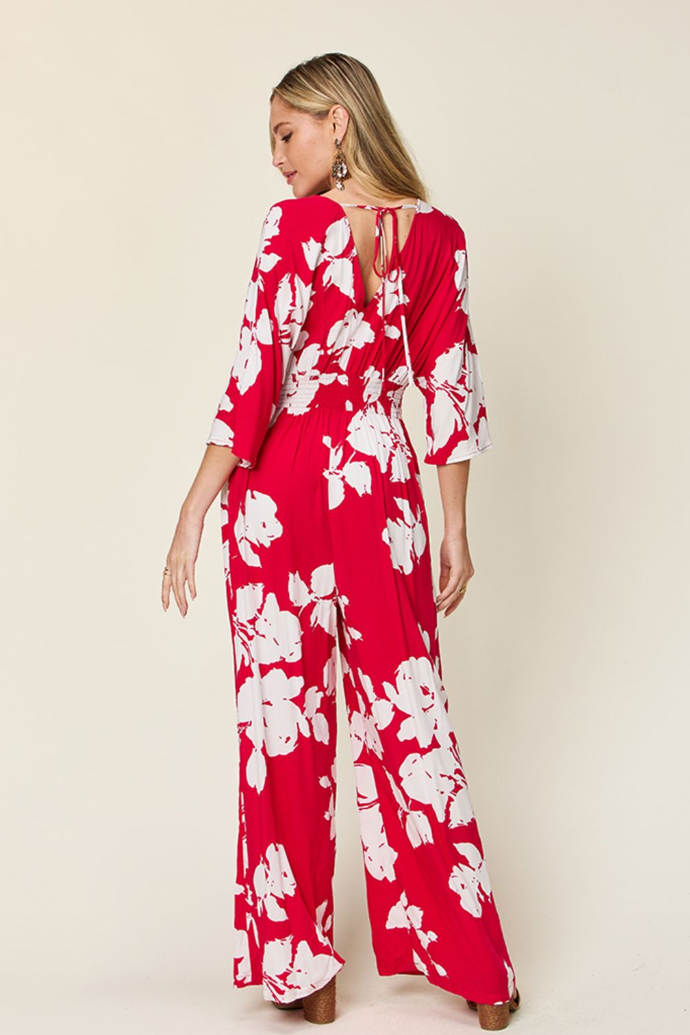 Double Take Full Size Printed Tie Back Wide Leg Jumpsuit - Luminous Bear Shop