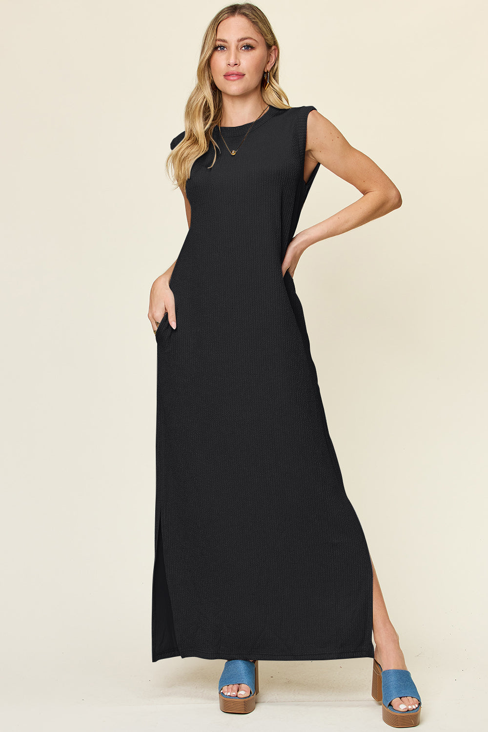 Double Take Full Size Texture Mock Neck Sleeveless Maxi Dress - Luminous Bear Shop