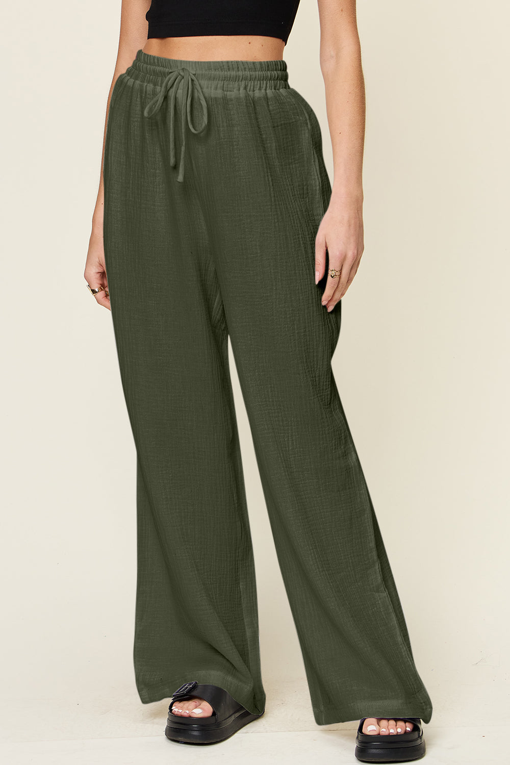 Double Take Full Size Texture Drawstring Wide Leg Pants - Luminous Bear Shop