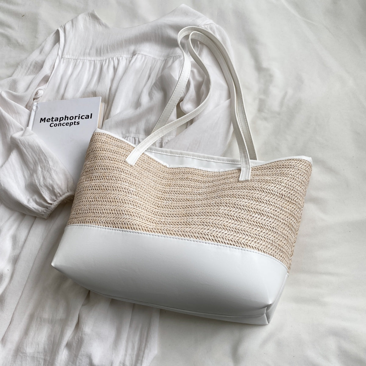 Straw Weave Leather Strap Tote Bag - Luminous Bear Shop