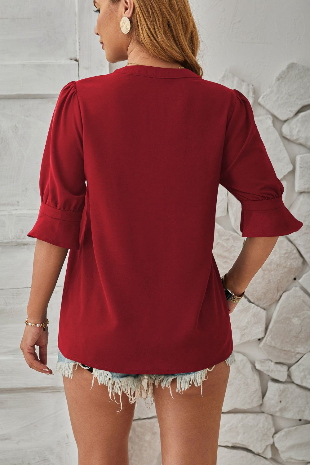 Notched Half Sleeve Blouse - Luminous Bear Shop