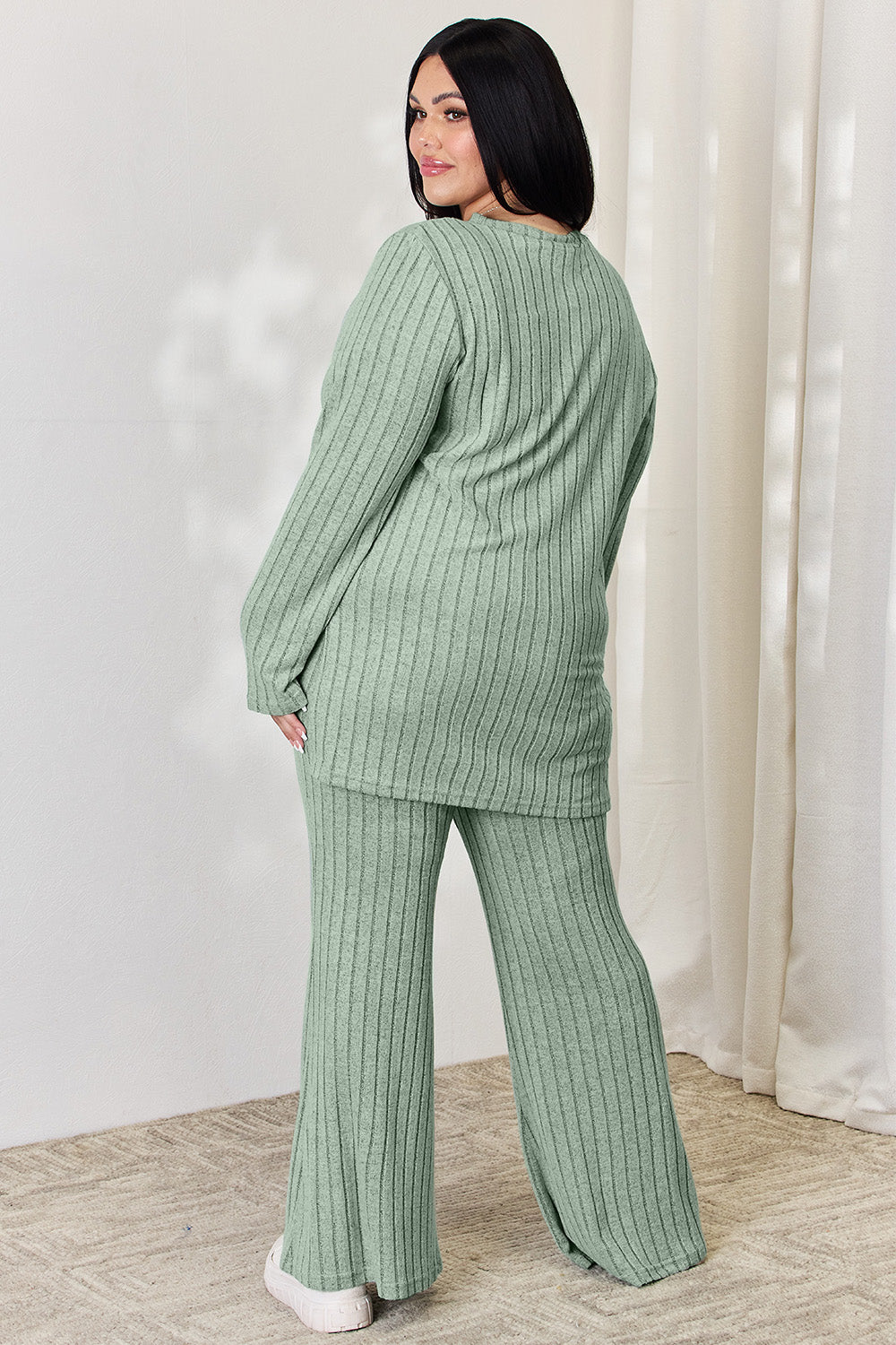 Basic Bae Full Size Ribbed High-Low Top and Wide Leg Pants Set - Luminous Bear Shop