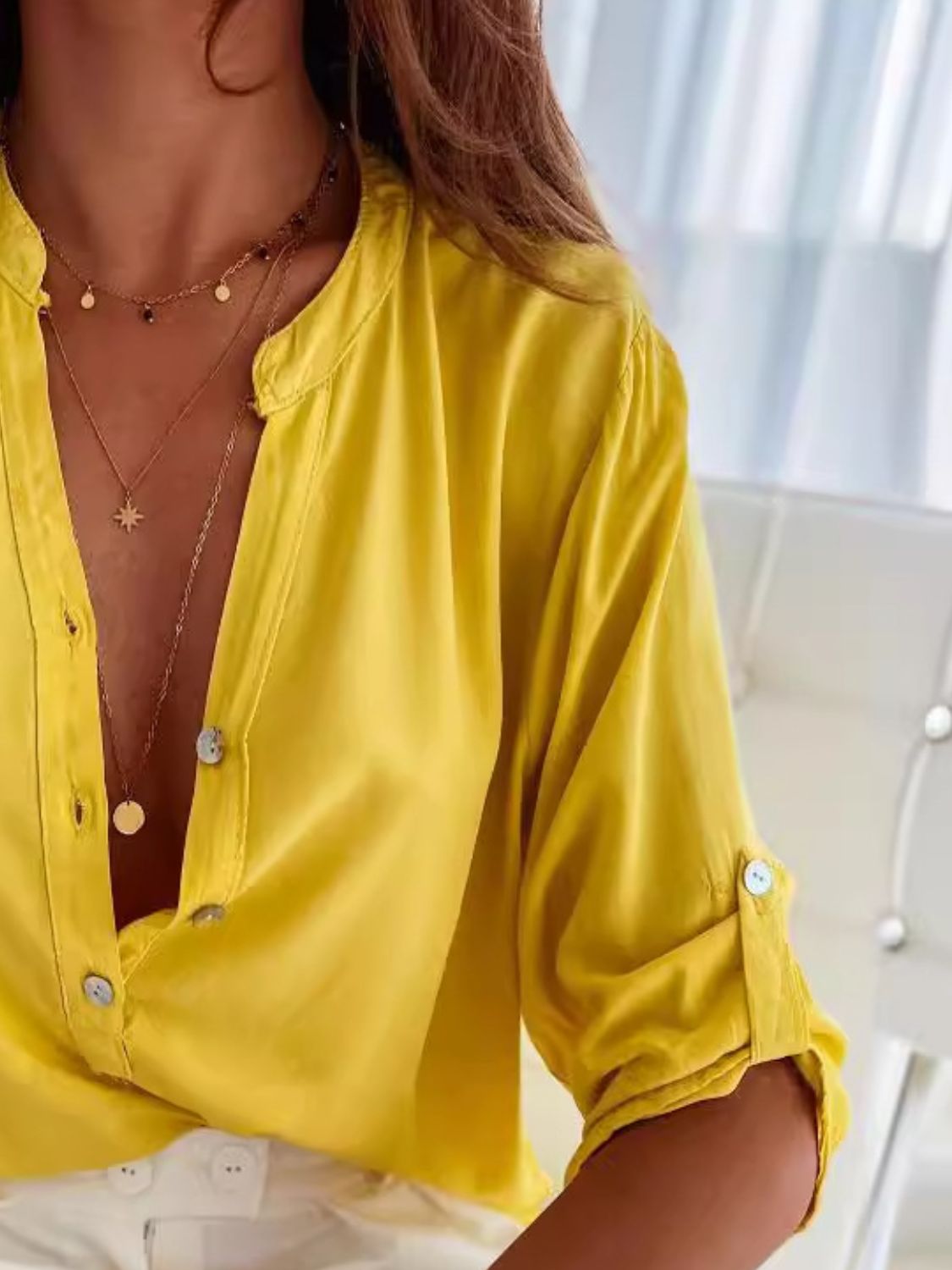 Half Button Notched Half Sleeve Blouse - Luminous Bear Shop