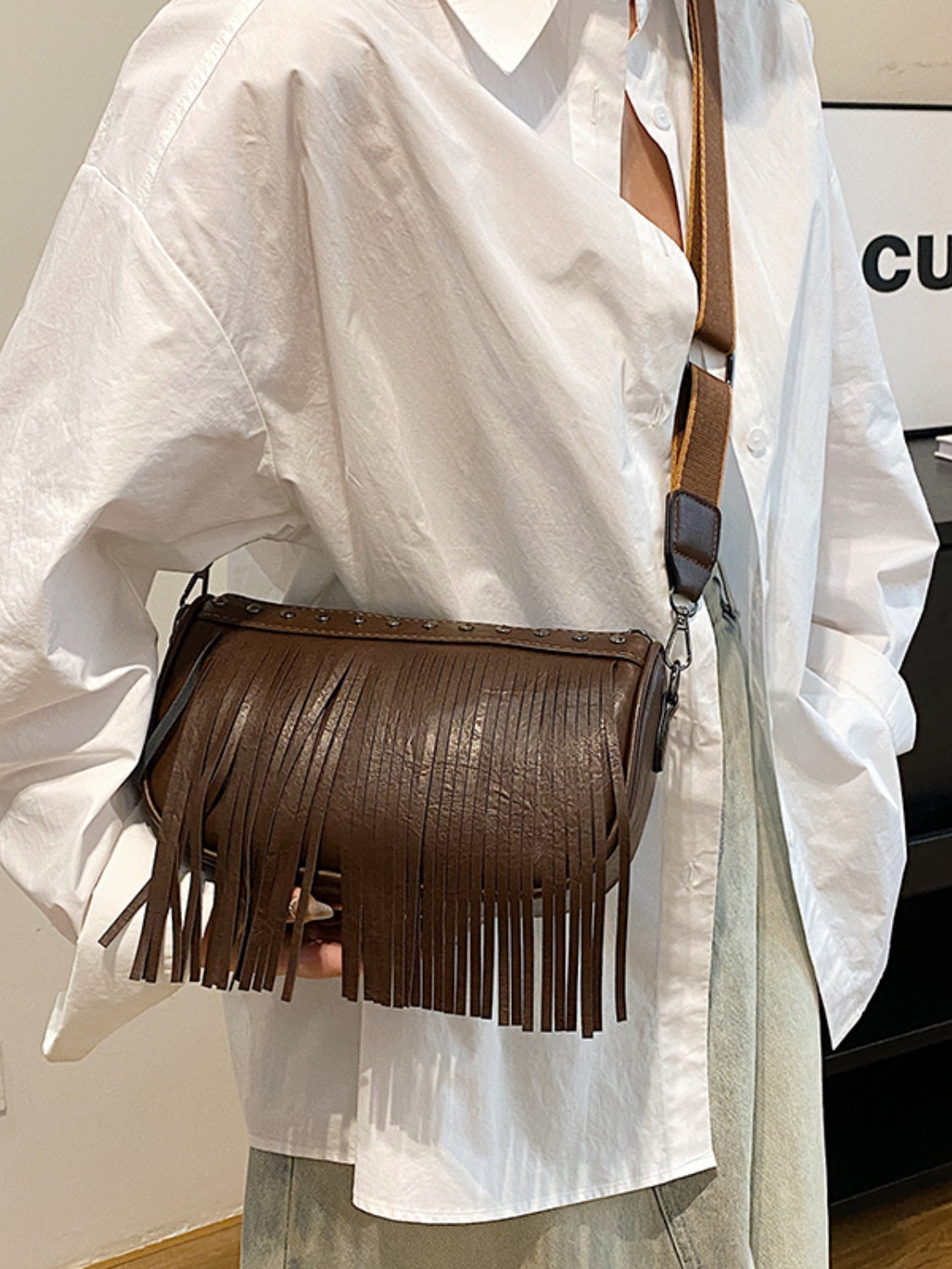 PU Leather Fringe Studded Crossbody Bag - Luminous Bear Shop
