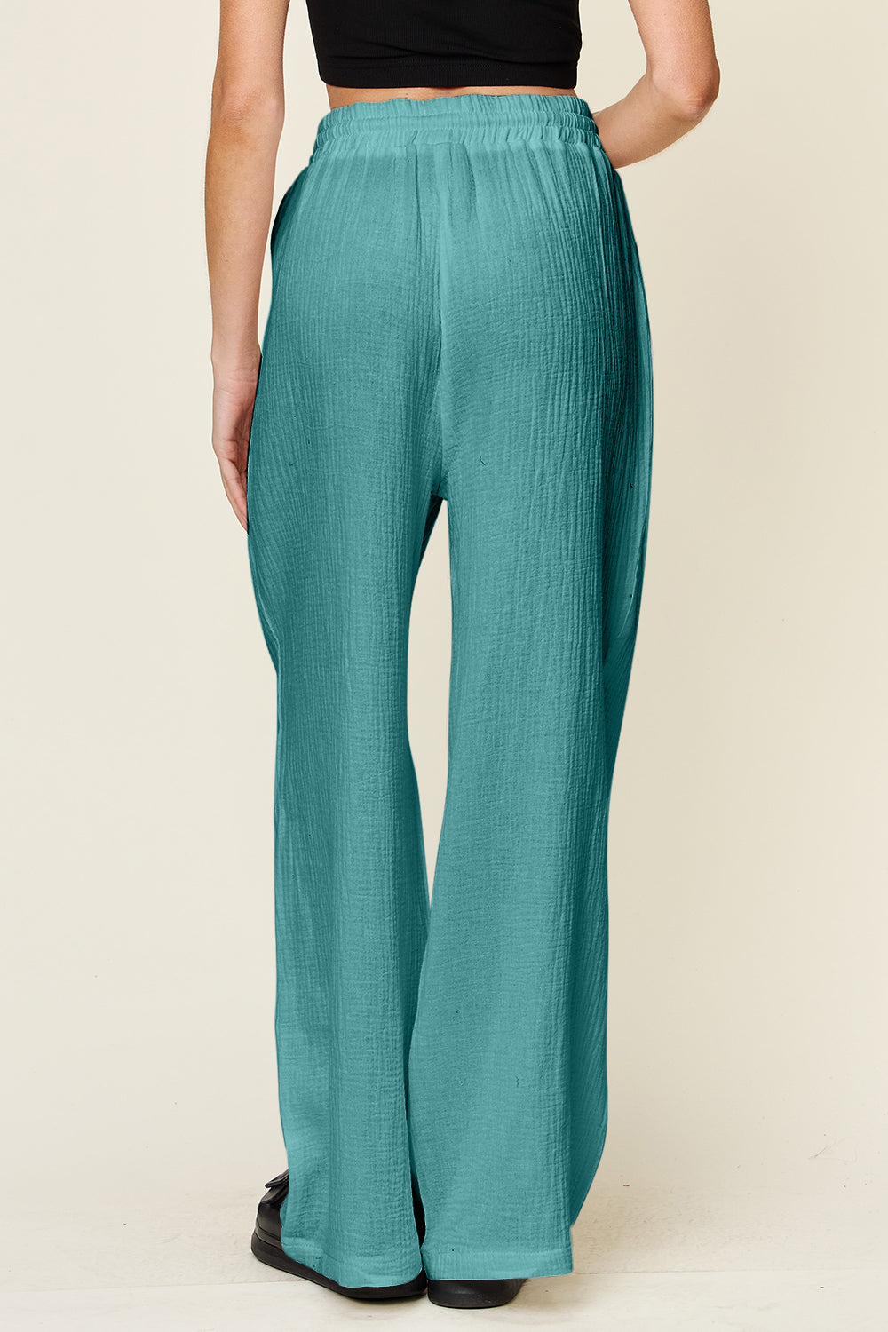 Double Take Full Size Texture Drawstring Wide Leg Pants - Luminous Bear Shop