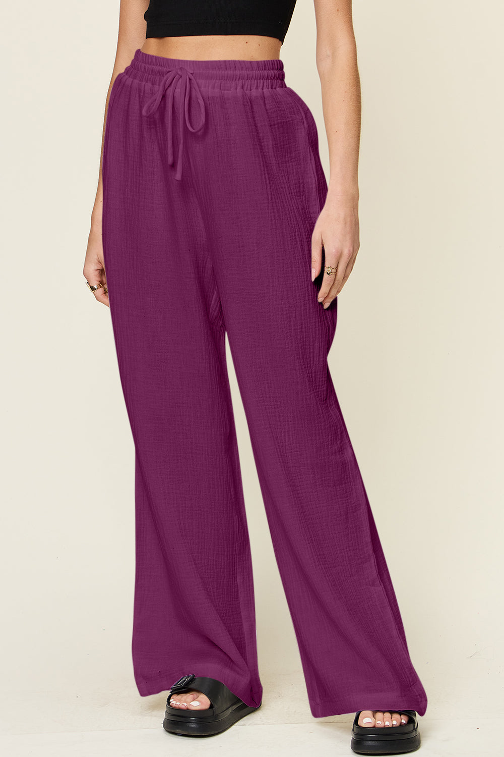 Double Take Full Size Texture Drawstring Wide Leg Pants - Luminous Bear Shop