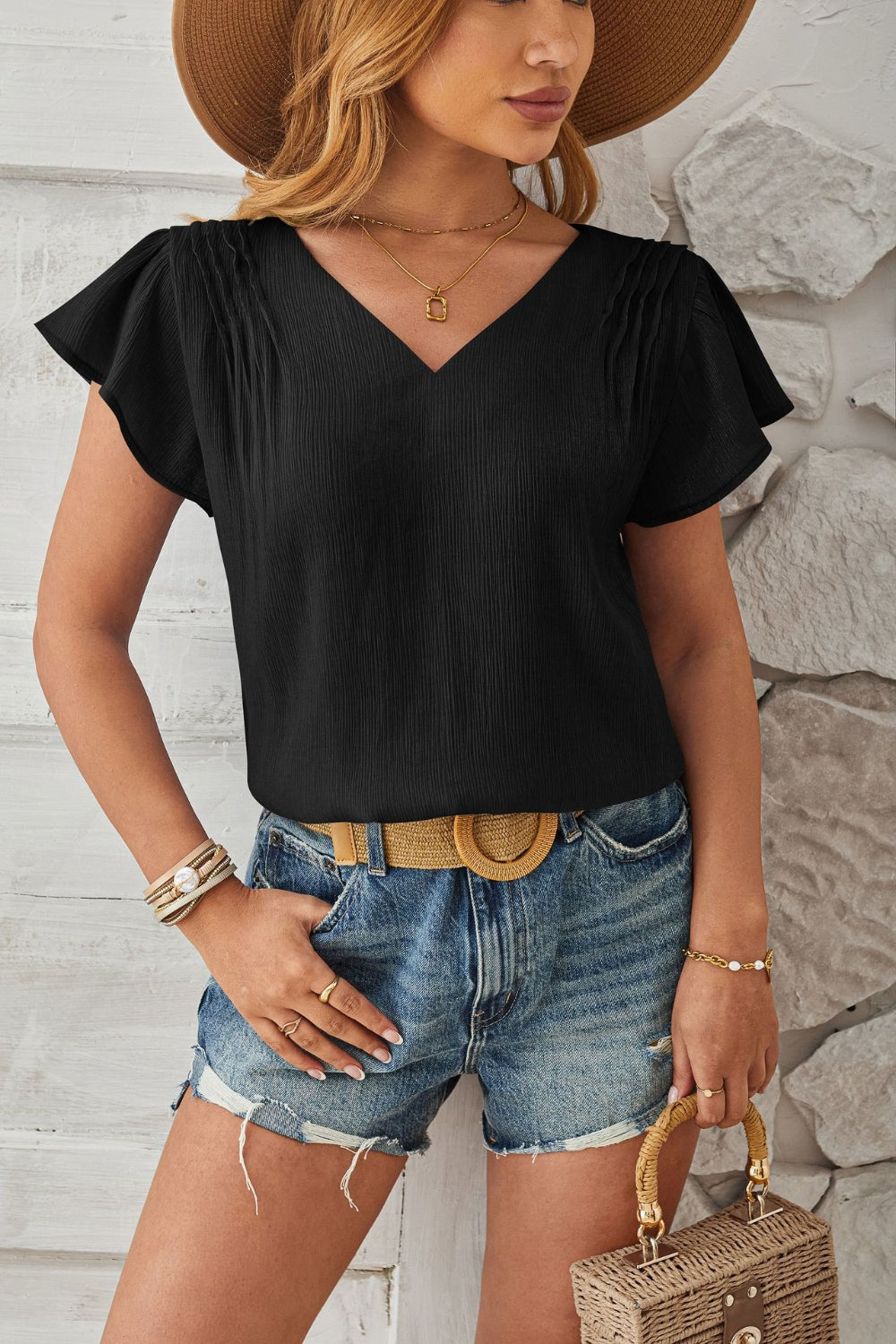 Ruched V-Neck Flounce Sleeve Blouse - Luminous Bear Shop