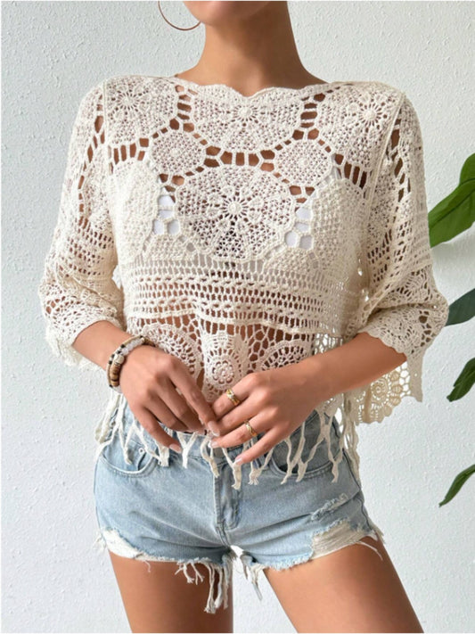 Stylish Openwork Round Neck Cover-Up - Luminous Bear Shop