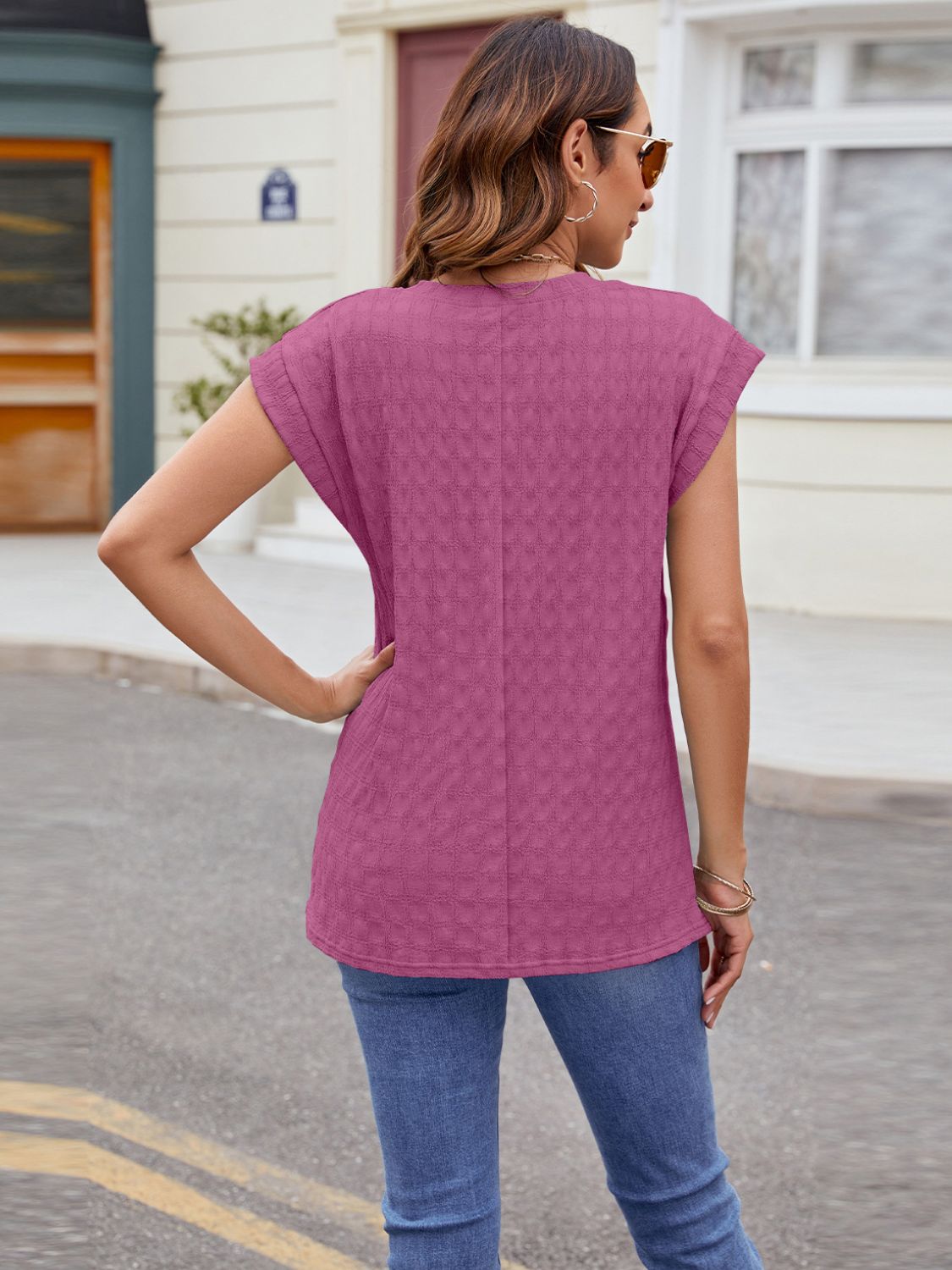 Textured Round Neck Cap Sleeve T-Shirt - Luminous Bear Shop
