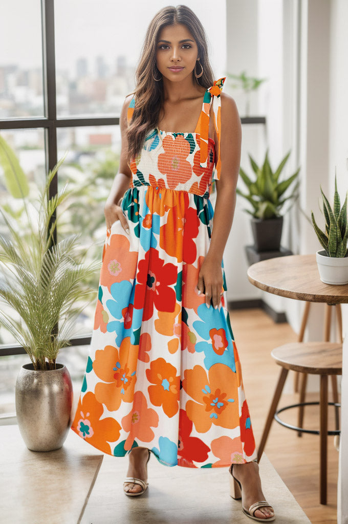 Smocked Printed Square Neck Dress - Luminous Bear Shop