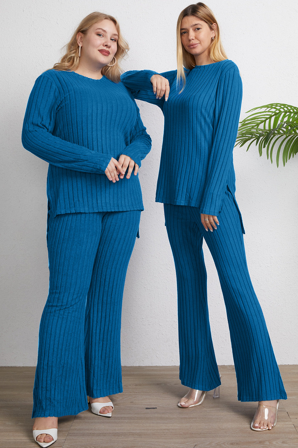 Basic Bae Full Size Ribbed High-Low Top and Wide Leg Pants Set - Luminous Bear Shop
