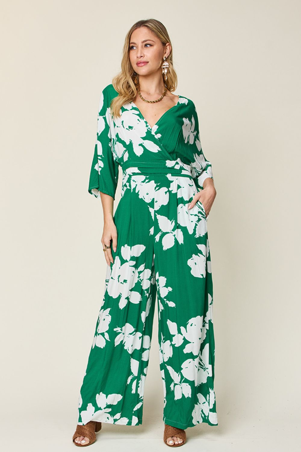 Double Take Full Size Printed Tie Back Wide Leg Jumpsuit - Luminous Bear Shop
