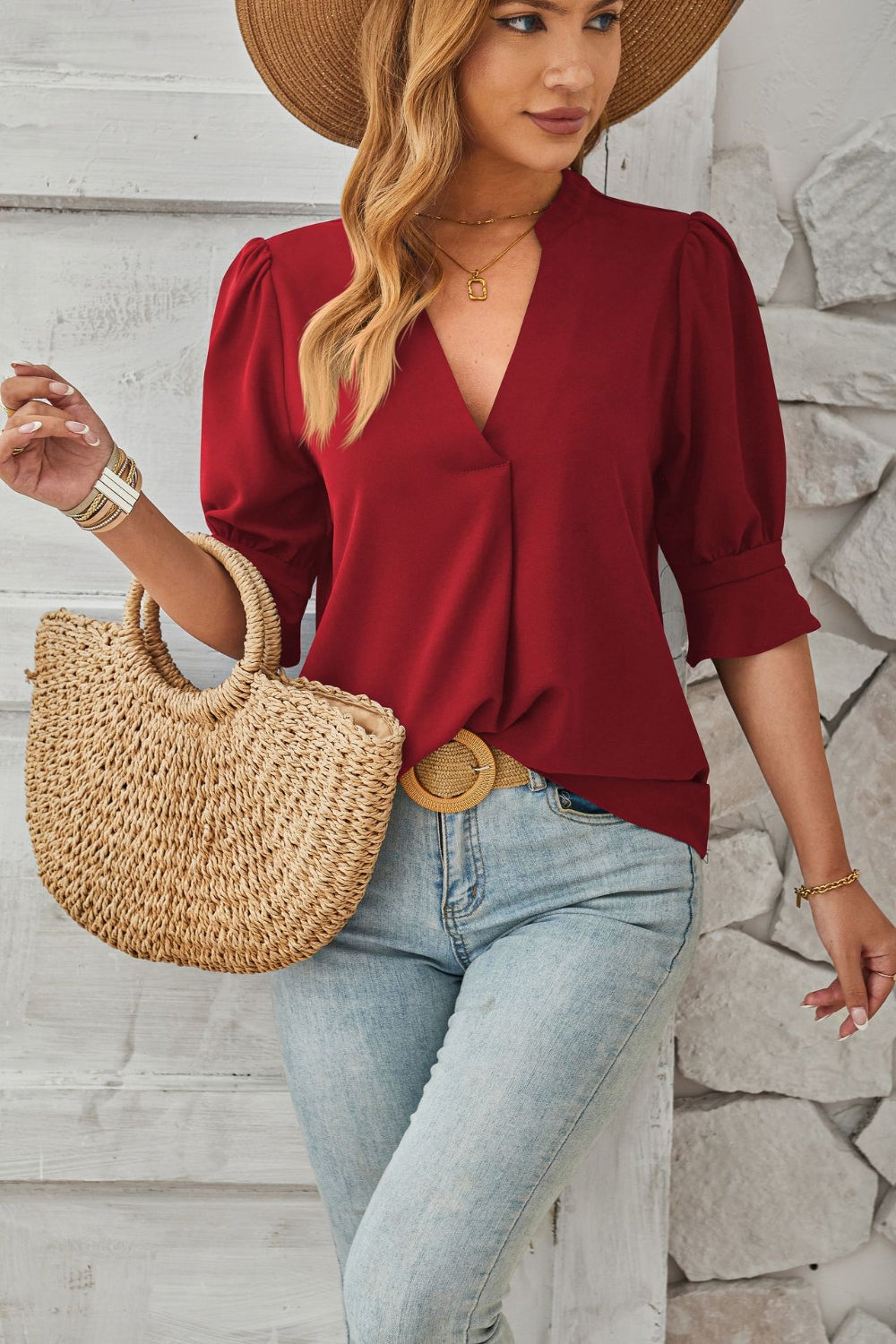 Notched Half Sleeve Blouse - Luminous Bear Shop