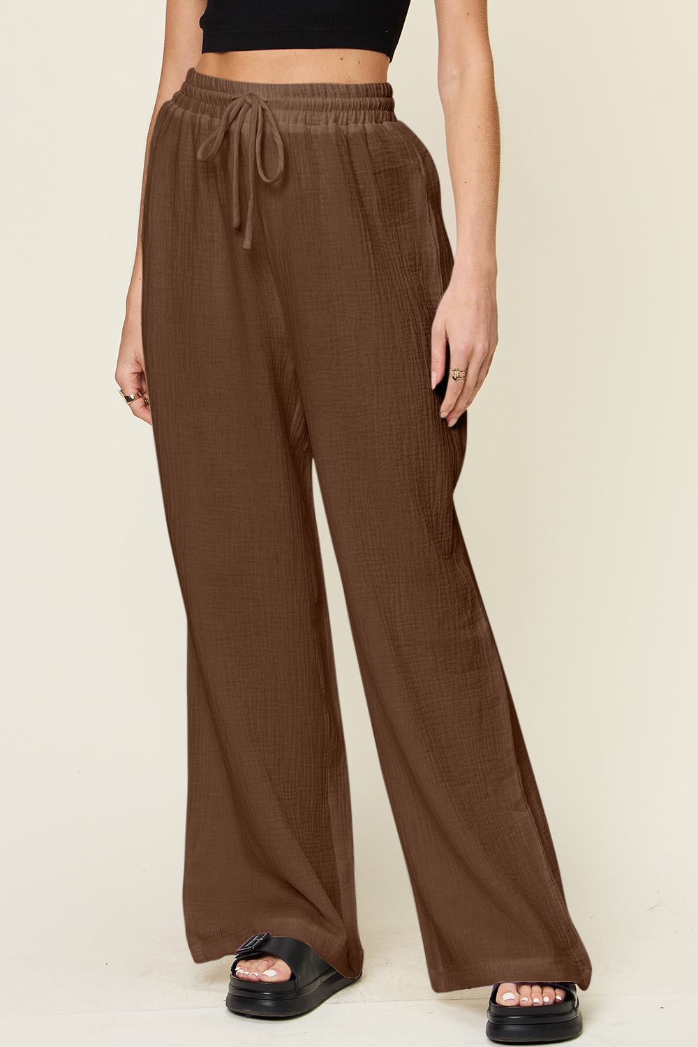 Double Take Full Size Texture Drawstring Wide Leg Pants - Luminous Bear Shop