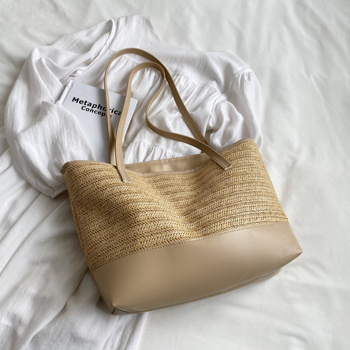Straw Weave Leather Strap Tote Bag - Luminous Bear Shop