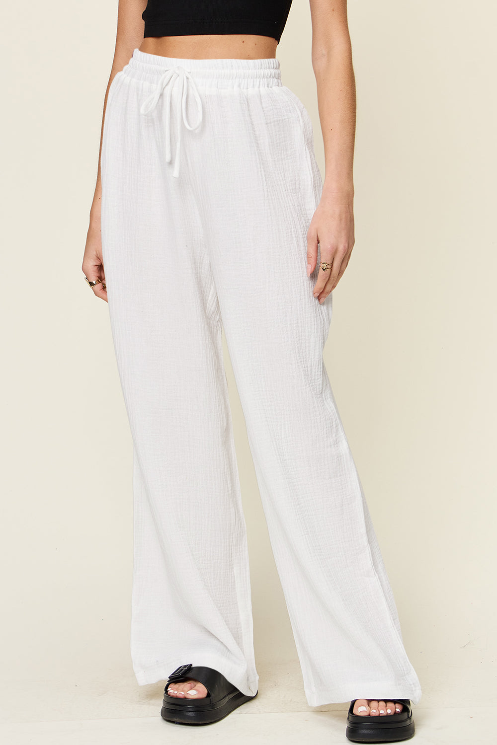 Double Take Full Size Texture Drawstring Wide Leg Pants - Luminous Bear Shop