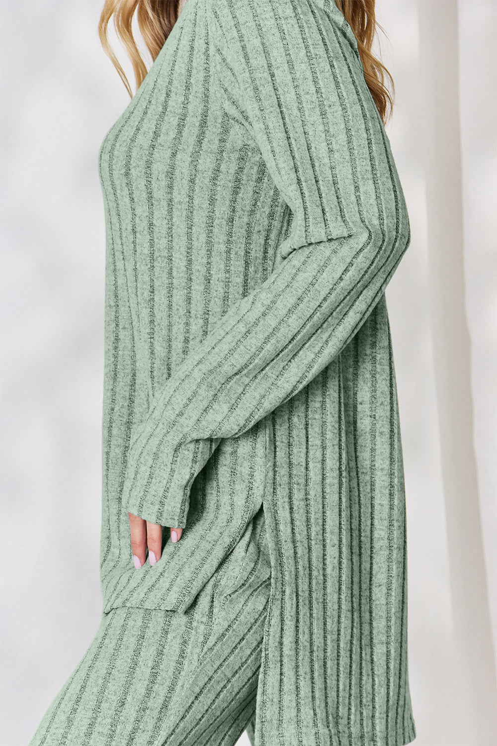 Basic Bae Full Size Ribbed High-Low Top and Wide Leg Pants Set - Luminous Bear Shop