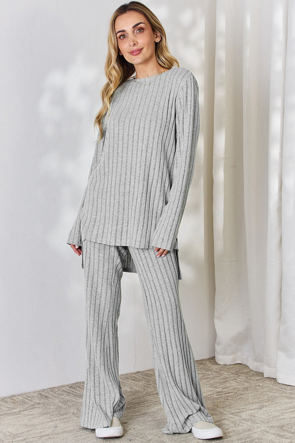 Basic Bae Full Size Ribbed High-Low Top and Wide Leg Pants Set - Luminous Bear Shop