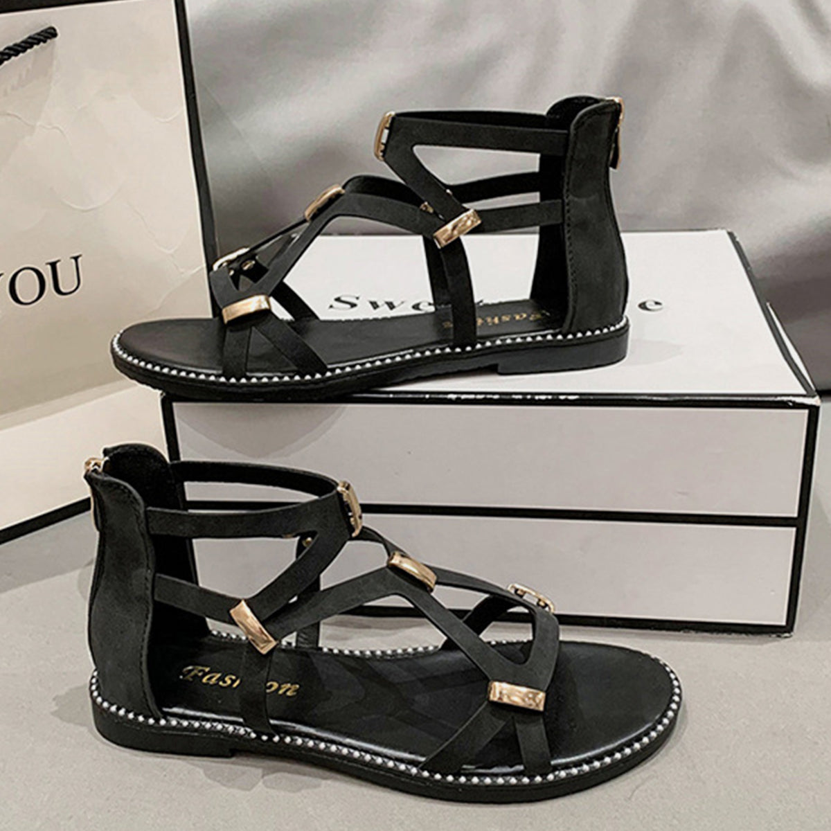 Open Toe Back Zipper Flat Sandals - Luminous Bear Shop
