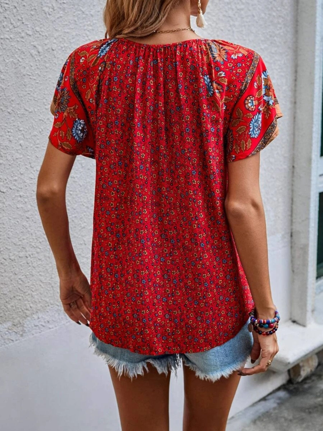 Printed Tie Neck Short Sleeve Blouse - Luminous Bear Shop