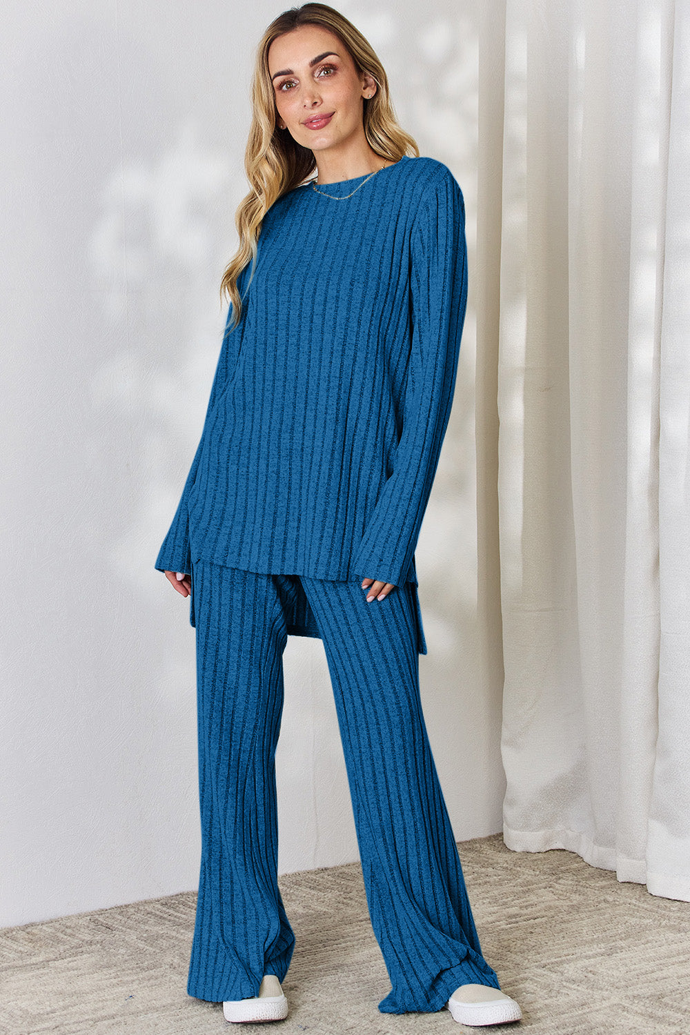 Basic Bae Full Size Ribbed High-Low Top and Wide Leg Pants Set - Luminous Bear Shop