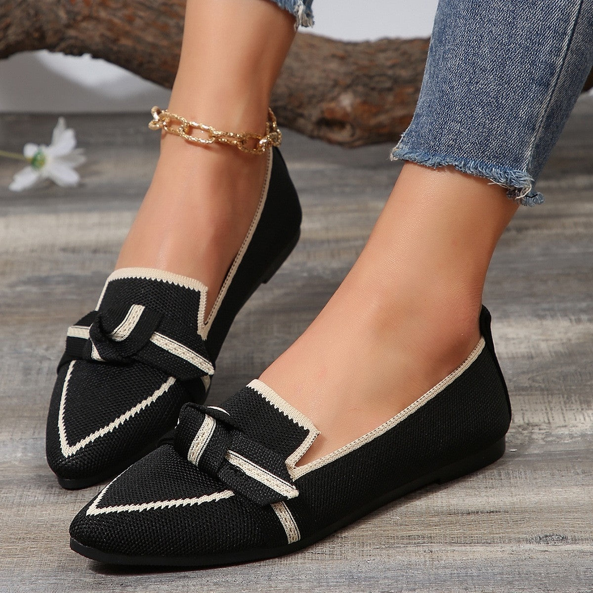 Bow Contrast Trim Point Toe Loafers - Luminous Bear Shop