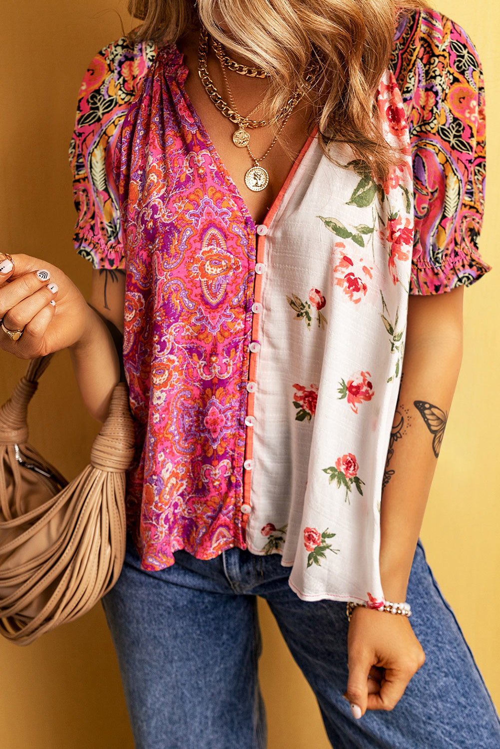 Printed V-Neck Short Sleeve Blouse - Luminous Bear Shop