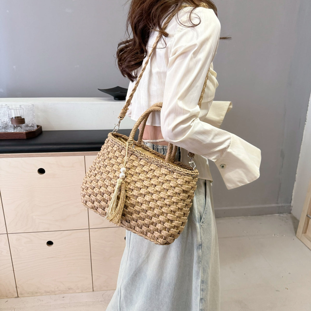 Braided Strap Paper Weave Shoulder Bag - Luminous Bear Shop