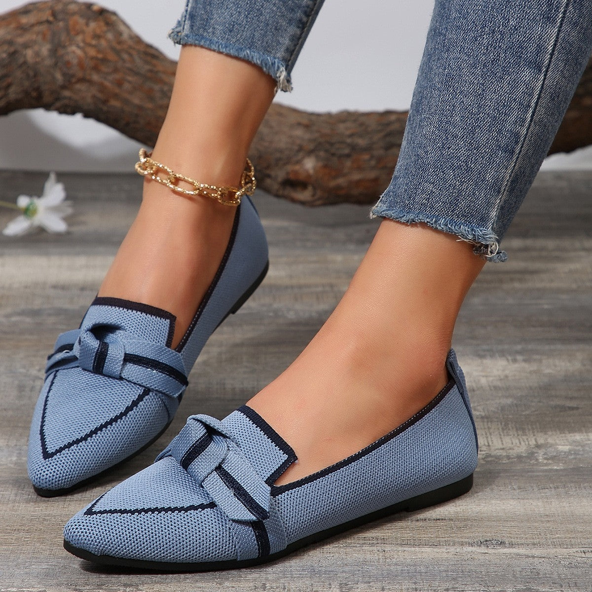 Bow Contrast Trim Point Toe Loafers - Luminous Bear Shop