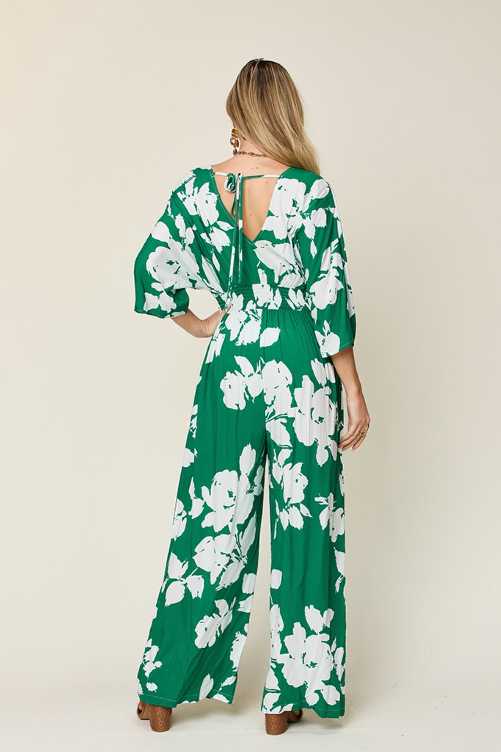 Double Take Full Size Printed Tie Back Wide Leg Jumpsuit - Luminous Bear Shop