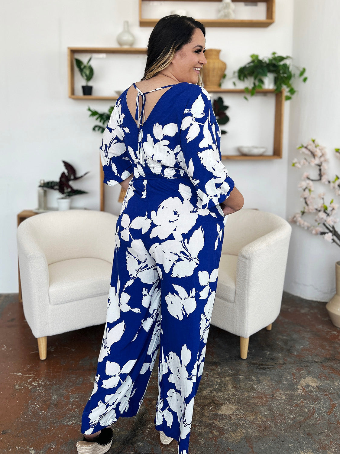 Double Take Full Size Printed Tie Back Wide Leg Jumpsuit - Luminous Bear Shop