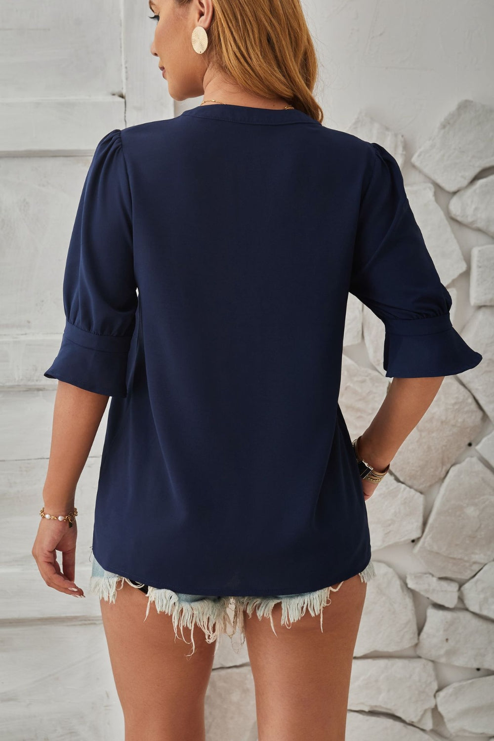 Notched Half Sleeve Blouse - Luminous Bear Shop