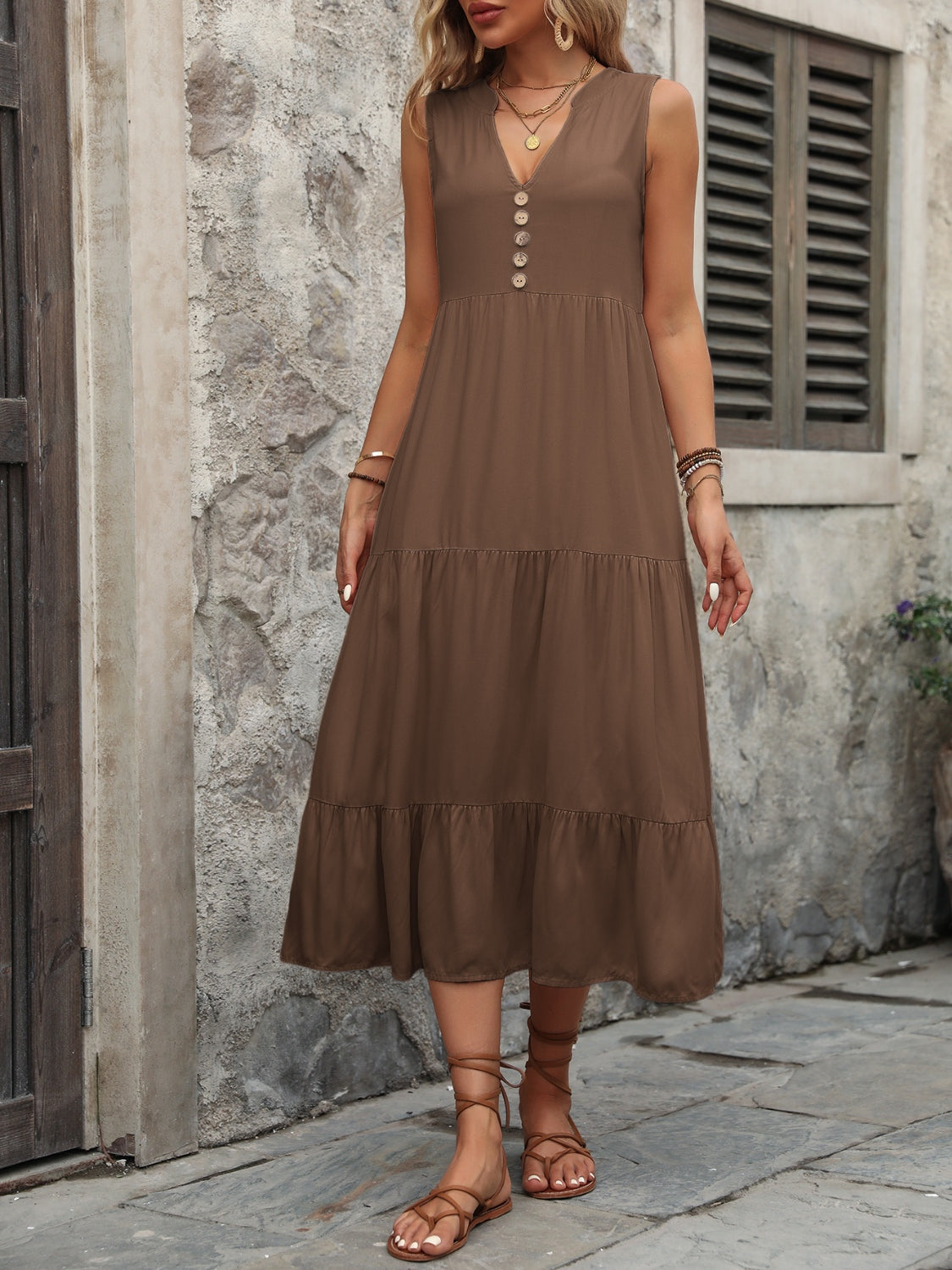 Decorative Button Notched Sleeveless Dress - Luminous Bear Shop
