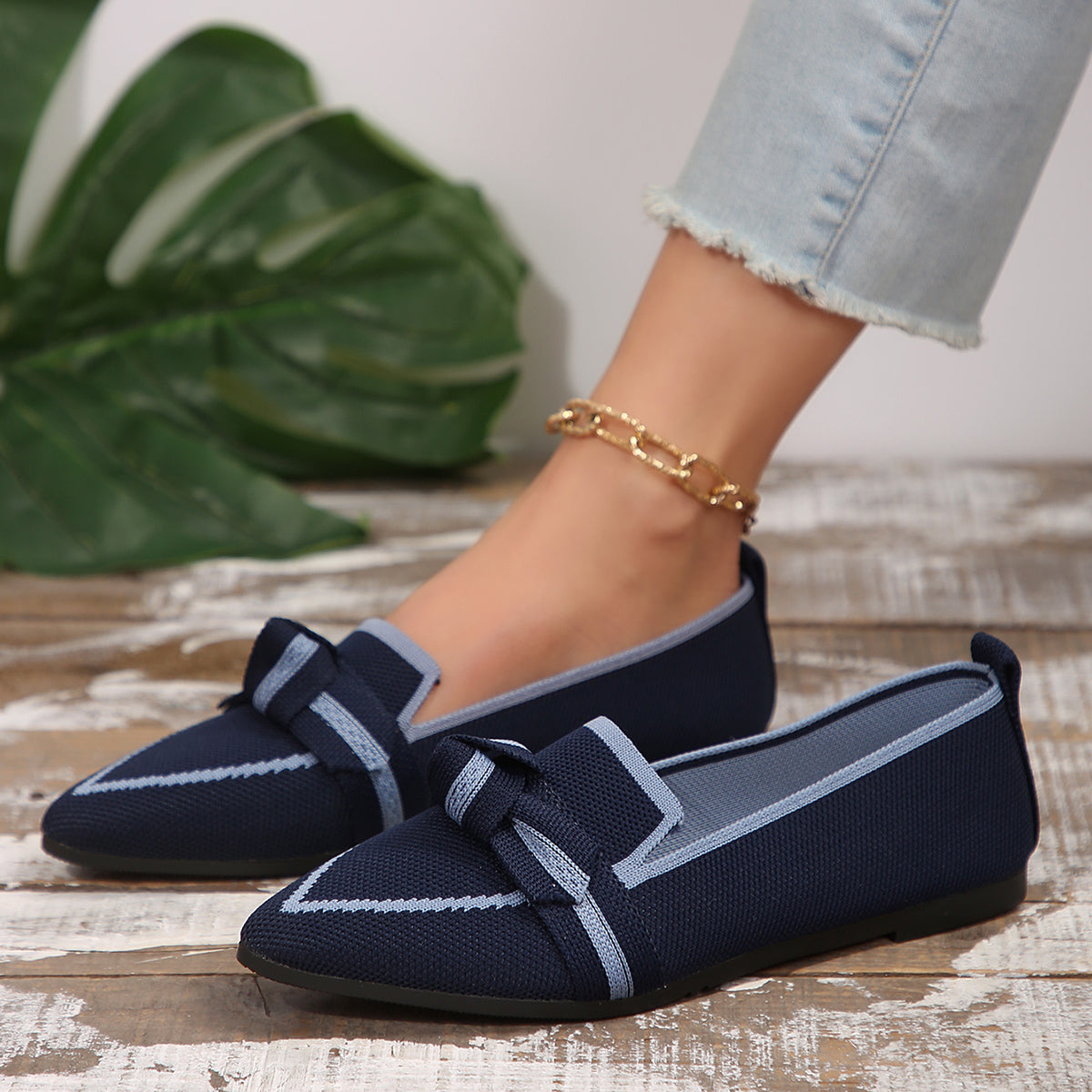 Bow Contrast Trim Point Toe Loafers - Luminous Bear Shop