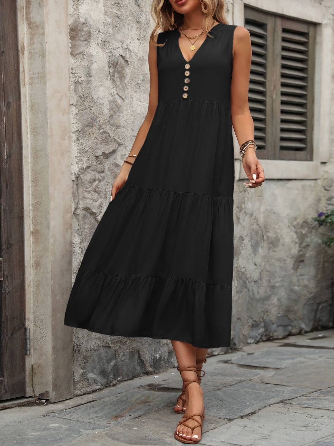 Decorative Button Notched Sleeveless Dress - Luminous Bear Shop