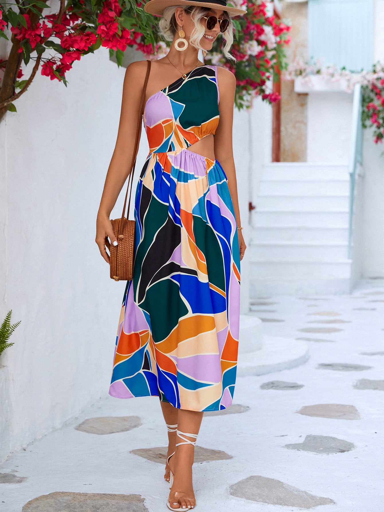 Printed Cutout One-Shoulder Sleeveless Dress - Luminous Bear Shop