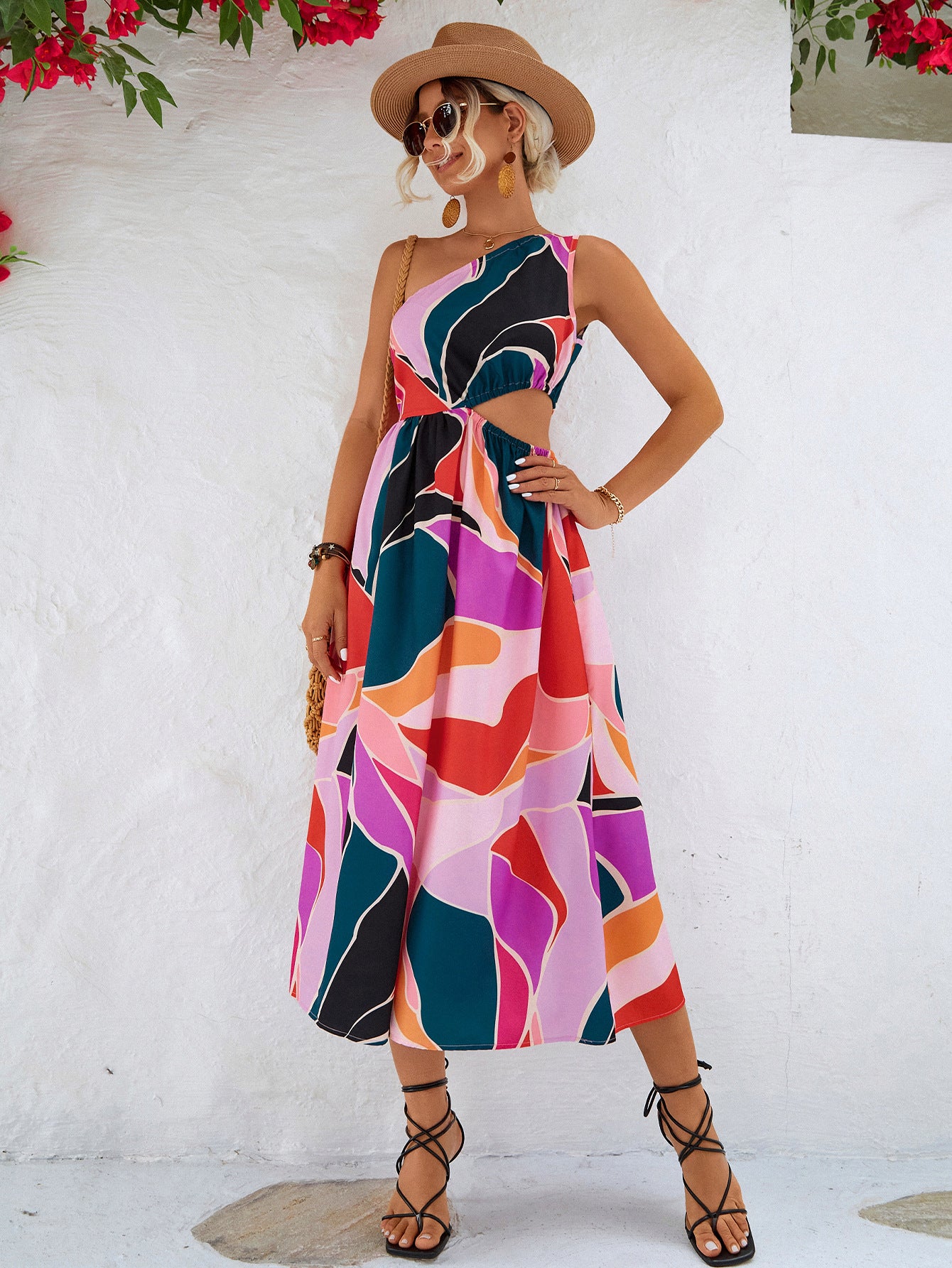 Printed Cutout One-Shoulder Sleeveless Dress - Luminous Bear Shop