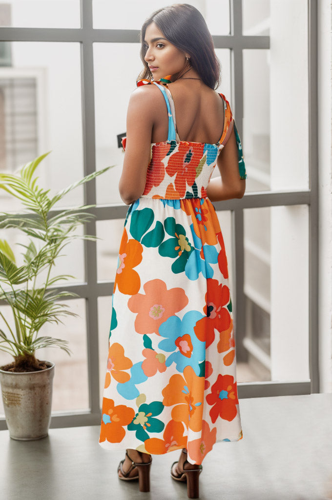 Smocked Printed Square Neck Dress - Luminous Bear Shop