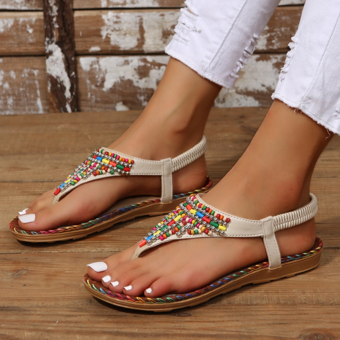 Beaded PU Leather Open Toe Sandals - Luminous Bear Shop