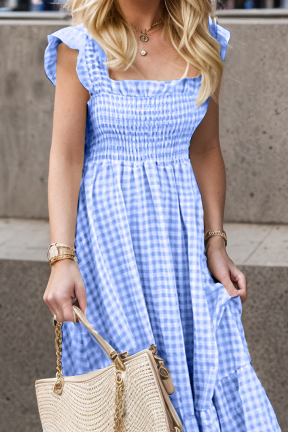 Full Size Smocked Ruffled Plaid Ruffle Hem Dress - Luminous Bear Shop