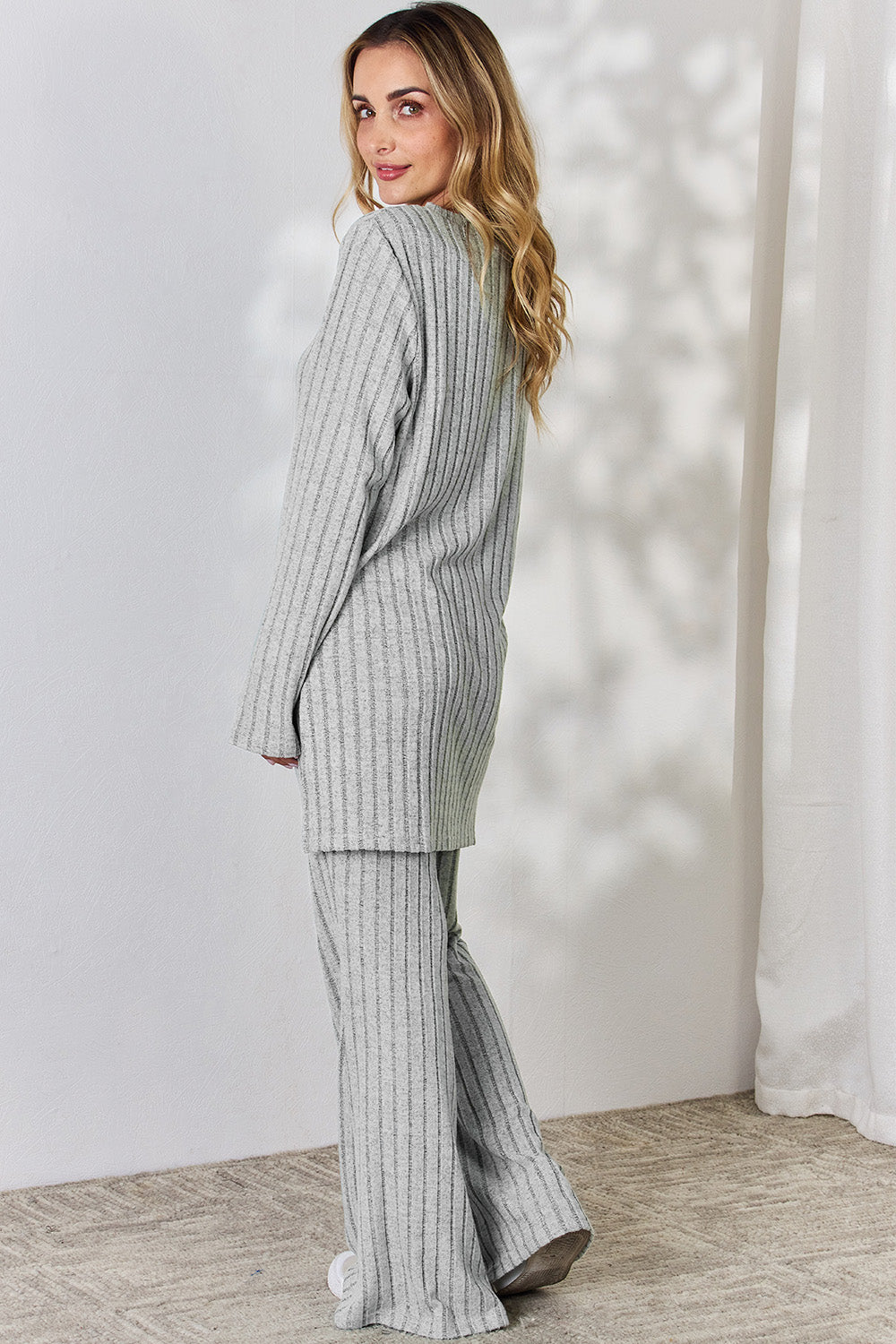 Basic Bae Full Size Ribbed High-Low Top and Wide Leg Pants Set - Luminous Bear Shop