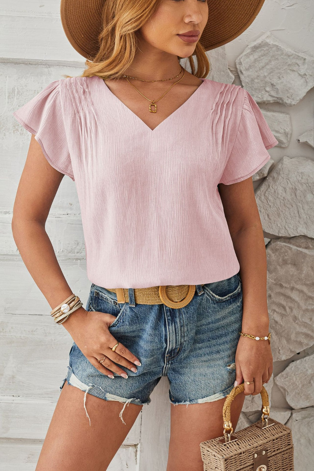 Ruched V-Neck Flounce Sleeve Blouse - Luminous Bear Shop